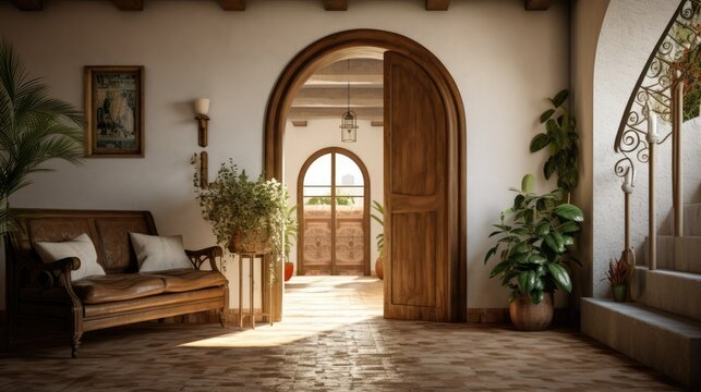 Mediterranean style hallway, arched door interior