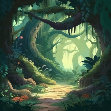 Enchanted forest background, green fairy landscape, magical world cartoon design