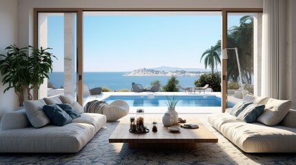 Mediterranean style home, interior modern design sea beach view - obrazy, fototapety, plakaty