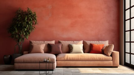 Modular sofa with terra cotta cushion, modern living room interior