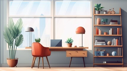 Office room with desk and computer, digital art