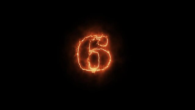 6 - Single Number made of Fire, alphabet letters isolated, outline fire and glowing on black background