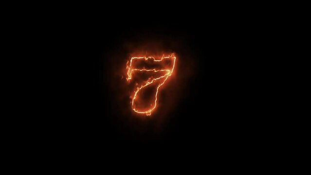 7 - Single Number made of Fire, alphabet letters isolated, outline fire and glowing on black background