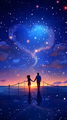 Obraz premium couple in heavenly evening, heart on night sky, love valentine