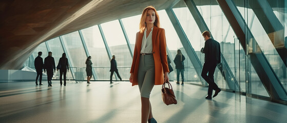 Asian businesswoman happy walking in business center.generative ai