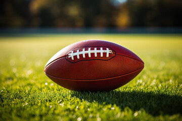 Obraz premium Close-Up of a Brown Leather Football Ball on Lush Turf, Capturing the Essence of American Football. created with Generative AI