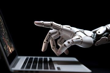 Robotic , artificial intelligence , robo advisor , chatbot concept. Robot finger point to laptop button - obrazy, fototapety, plakaty