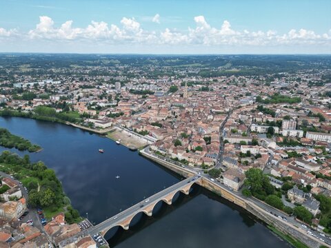 Bergerac  Dordogne France Dordogne River,  high angle  drone,aerial