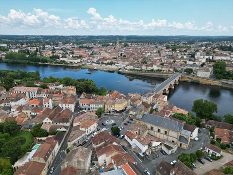 Bergerac  Dordogne France Dordogne River,  and road bridge drone,aerial