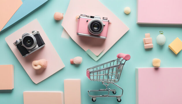 Minimal Creative Concept DSLR Toy Camera and Shopping Cart