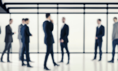 blurry business people on the background of the office with large glass windows hit by sunlight Generative AI