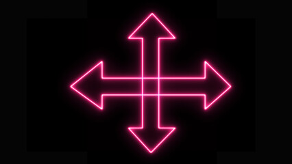 Purple neon arrows or direction icons. Illustration: a neon-glowing directional sign.  An attention label glows on the brick wall's background. Right, Left, Up and Down neon arrows
