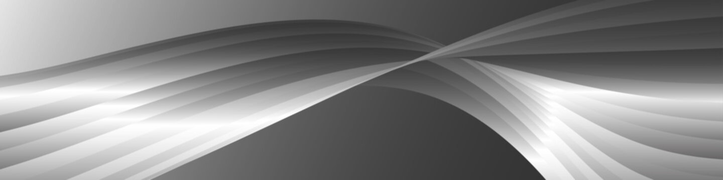 Monochrome cover design, abstract background. Wavy silver parallel gradient lines, ribbons, silk. Black and white with shades of gray banner, poster. eps vector