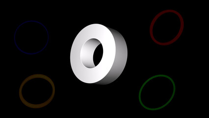3D geometric shapes of a white circle on a black background. Mathematical concepts, Education, 3d rendering, and 3d shapes