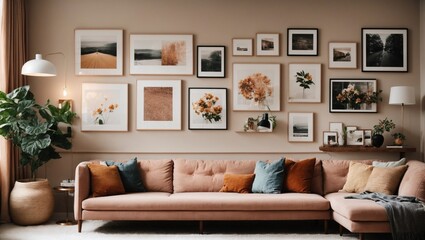 Living room, a gallery wall with a mix of artwork and personal photos