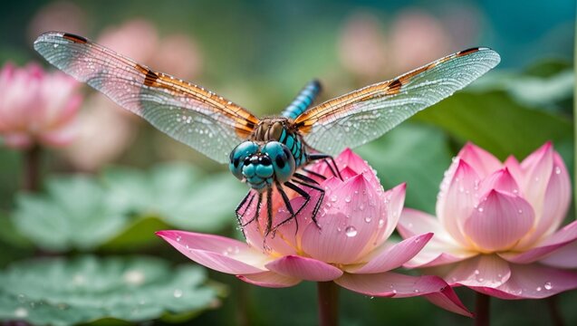 macro world photograph of a turquoise dragonfly on pink flower