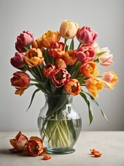 vase with beautiful parrot tulips isolated on white background, flower shop mockup