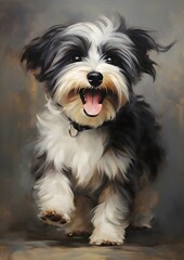 An elegant oil painting of a Havanese dog, full body, showcasing their personality and sense of humor, sharp details and some thick brush strokes