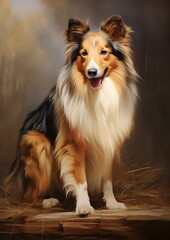 An elegant oil painting of a Shetland Sheepdog dog, pet portrait illustration