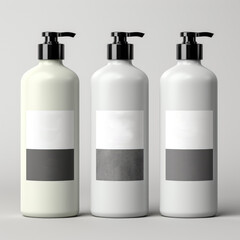 Cosmetic product mockup. Three white bottles mockup of handwash. Shampoo and conditioner bottles mockup