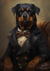 An elegant oil painting of a Rottweiler dog