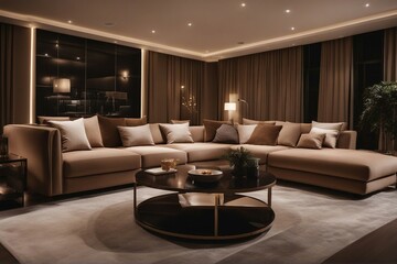 Beige corner sofa round coffee table and brown recliner chairs in luxury room at night Minimalist h