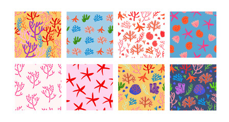 Fototapeta na wymiar Pattern bundle with underwater world patterns, coral reefs, sea star, seashell, under the sea tropical resort pattern collection. Vector illustration