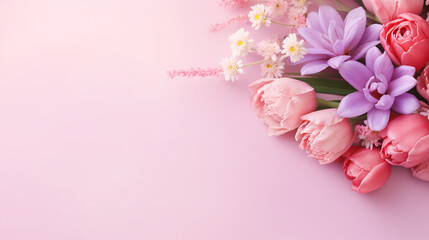Fototapeta na wymiar A bouquet of beautiful spring flowers on a pastel pink table for Mother's Day. ai generative