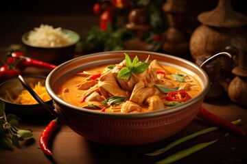 A close-up shot of a steaming bowl of Panang Curry, highlighting the rich colors of the curry sauce, tender meat or vegetables, and aromatic spices