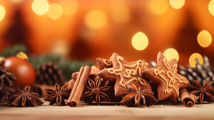 Traditional Christmas spices and dried orange slices on holiday bokeh background with focus lights. ai generative