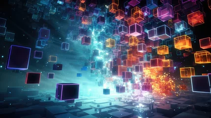 Wall murals Minecraft digital voxel artificial cubes illustration abstract 3d, futuristic pixel, virtual render digital voxel artificial cubes
