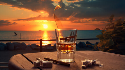 A glass Macallan 64 Year Old in Lalique, a pack of cigarettes and a lighter on a sunset background - obrazy, fototapety, plakaty