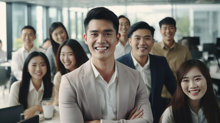 Asian business group smiling in the office - obrazy, fototapety, plakaty
