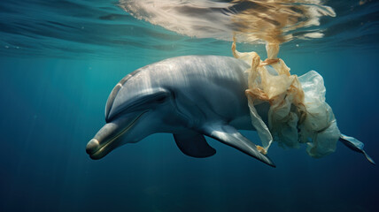 A dolphin entangled in a plastic bags in the ocean. Environmental Protection. The concept of ocean pollution.