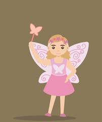 cute girl in fairy costume with wings at halloween party