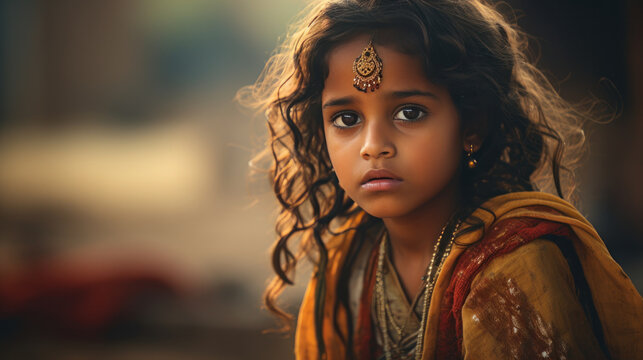 portrait Indian child feeling sad in the rural wearing traditional dress