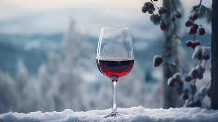 Wine glass filled with red wine placed in the snow outdoors during winter - obrazy, fototapety, plakaty