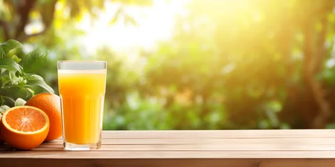 Rolgordijnen glass of orange juice on a wooden table against a background of a blurred orange garden. ai generative © Oleksandr