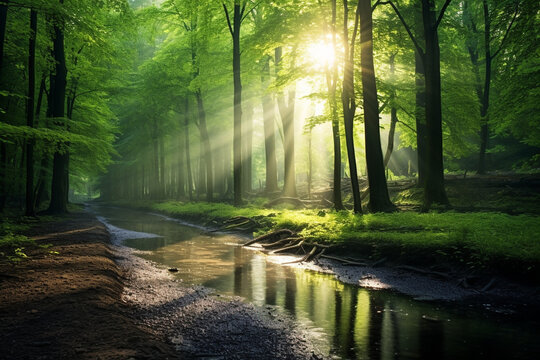 beautiful sunlight in the green forest