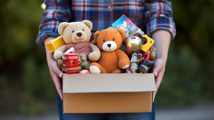 Close-up of a cardboard box in hands full of toys that can be donated. ai generative - obrazy, fototapety, plakaty