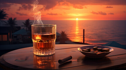 A glass Macallan 64 Year Old in Lalique, a pack of cigarettes and a lighter on a sunset background - obrazy, fototapety, plakaty
