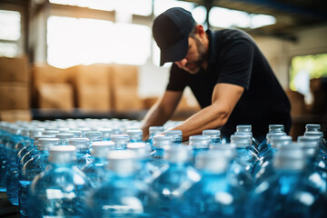 Aid in Action Dedicated Volunteer Preparing Clean Water Bottles for Charitable Relief Efforts. created with Generative AI