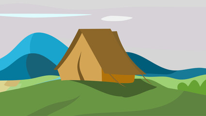Landscape with tent, Camping flat vector illustration
