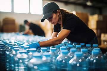 Aid in Action Dedicated Volunteer Preparing Clean Water Bottles for Charitable Relief Efforts. created with Generative AI - obrazy, fototapety, plakaty