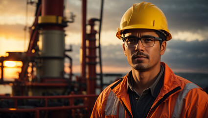 Portrait of a man oil rig worker with a helmet in front of the offshore rig with sunset background. ai generative