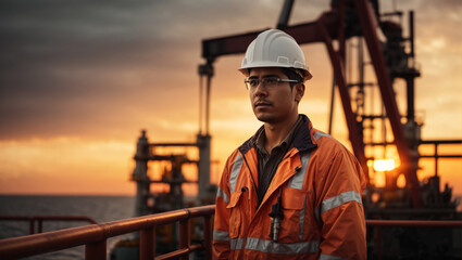 Portrait of a man oil rig worker with a helmet in front of the offshore rig with sunset background. ai generative