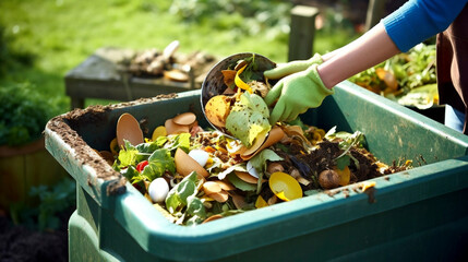 stockphoto, Person composting food waste in backyard compost bin garden. Person putting green waste into a compost bin. Sustainability, ecology. Environment.