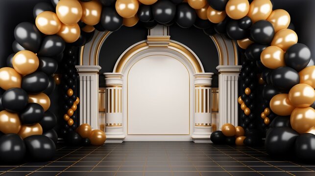 Generative AI, arch of black and golden balloons. Mock up for Black Friday or other holiday 3d background