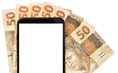 Cell phone and Brazilian banknotes on a transparent background.