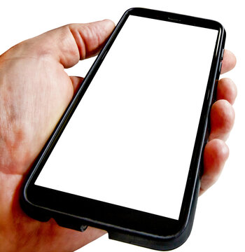Cell phone in hand on transparent background.